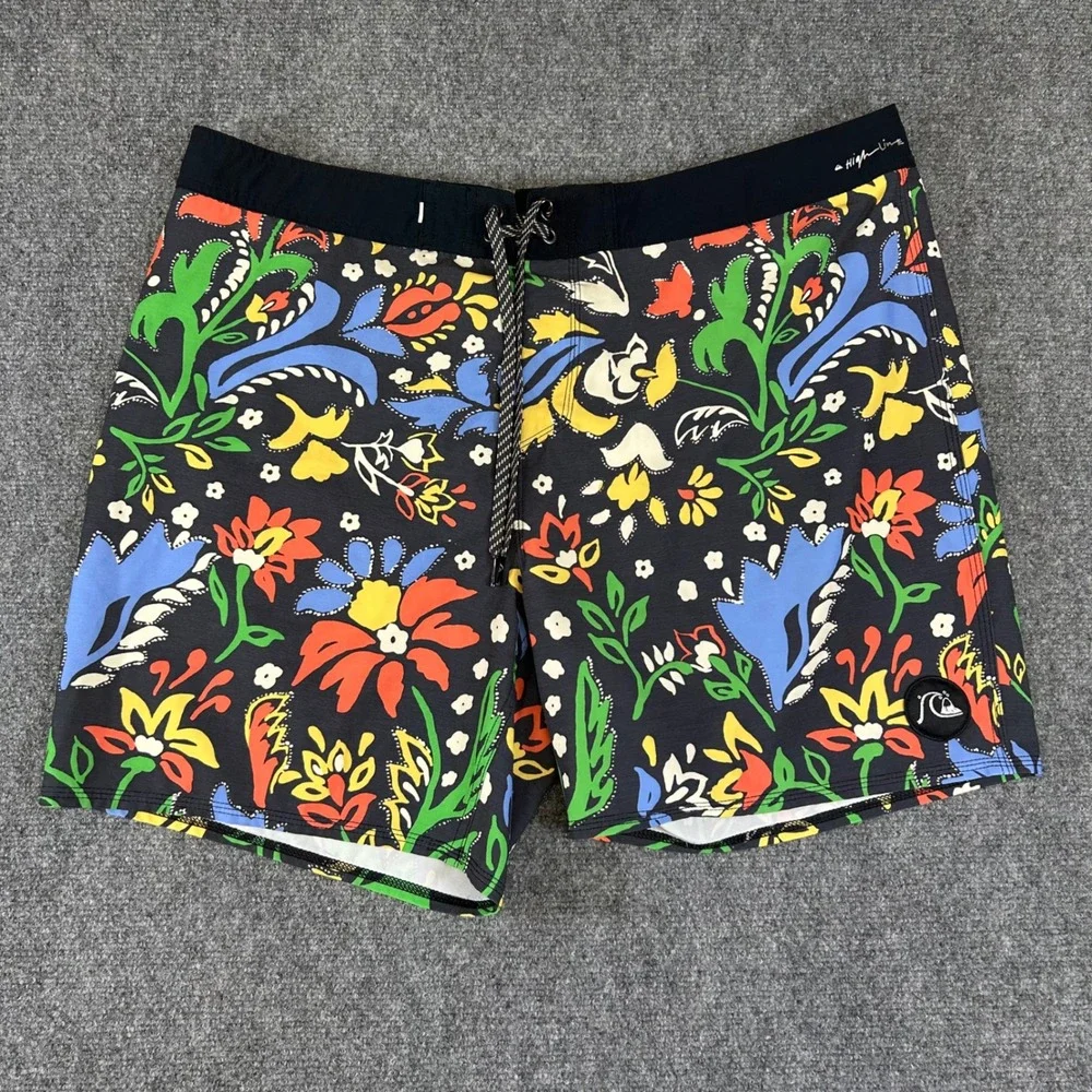 Quiksilver Highline Board Shorts Mens 38 Black Floral 4-Way Stretch Swim Trunks